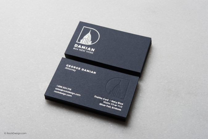 Professional simplistic navy blue business card template with silver foil and emboss - Damian
