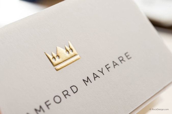 Modern minimalist cream business card template with gold foil and emboss - Bamford Mayfare
