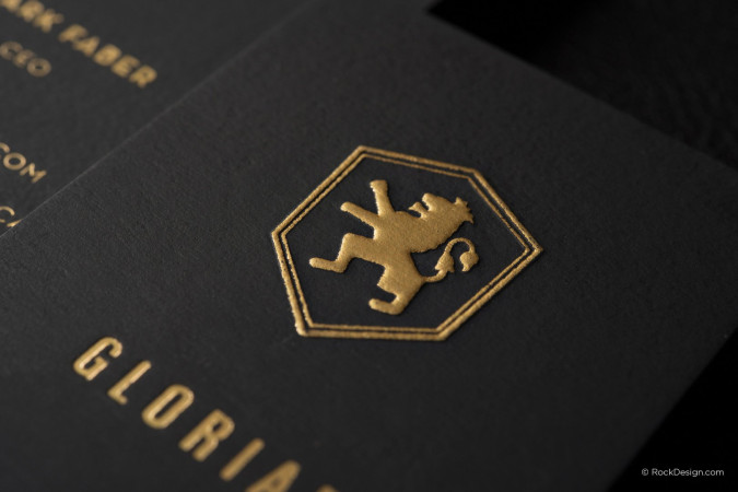 Modern professional black soft suede business card with foil stamping and emboss - Gloriae