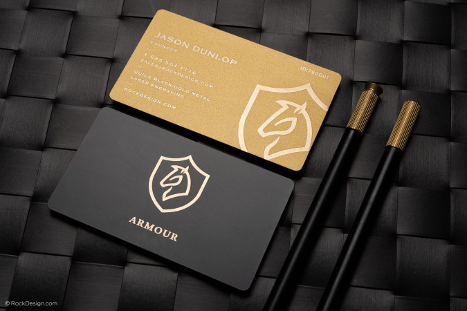 Bold Black & Gold Laser Engraved Metal Business Card Template Design - Armour