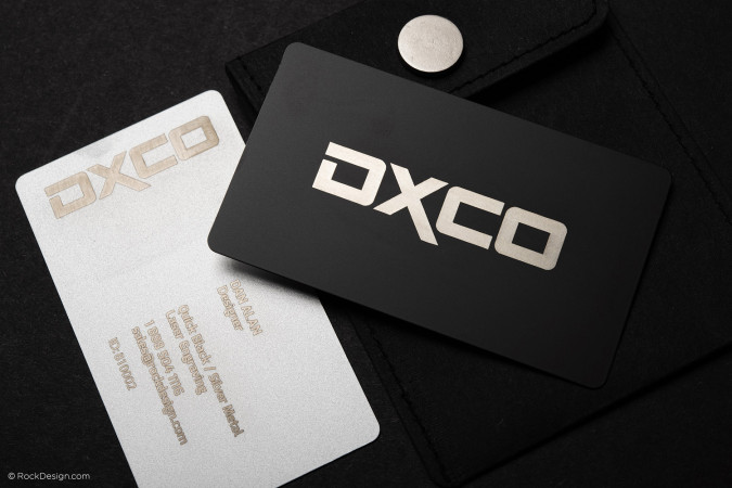 Bold Black & Silver Laser Engraved Metal Business Card Template Design - DXCO