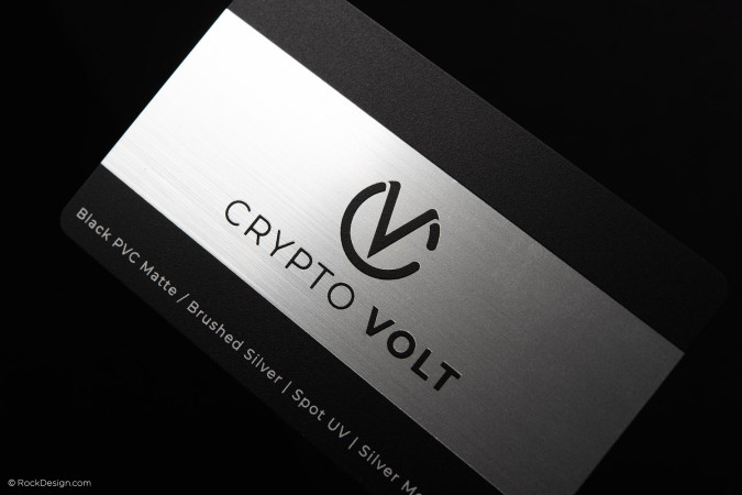 Bold Black & Brushed Silver PVC Plastic Business Card Template - Crypto Volt