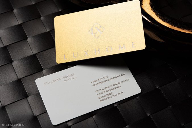 Classic White & Gold Laser Engraved Metal Business Card Template Design - Luxhome