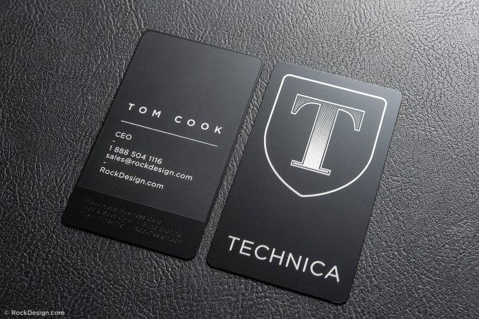 Modern black metal name card template with silver accent – Technica