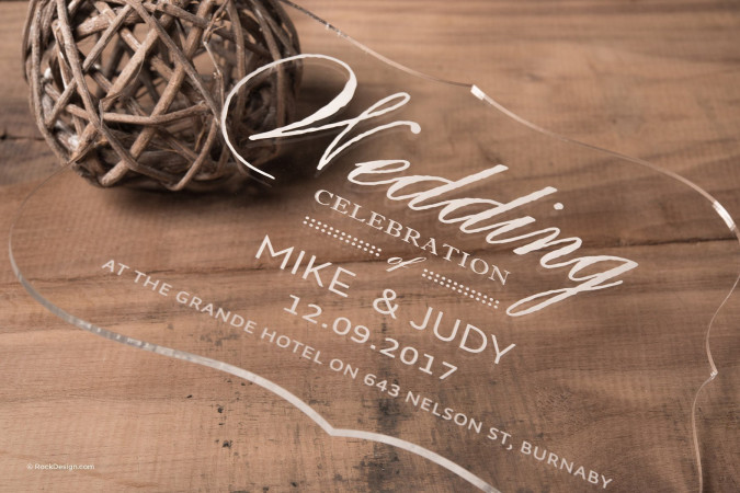 Sleek modern cristal clear acrylic wedding invitation - Mike & Judy