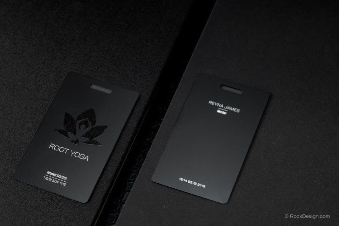 Black UV Printed Metal Membership Card with Hangtag and Variable Data - Root Yoga 