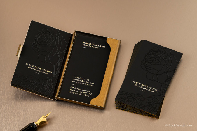 Elegant Express Black Hard Suede Business Card- Black Rose