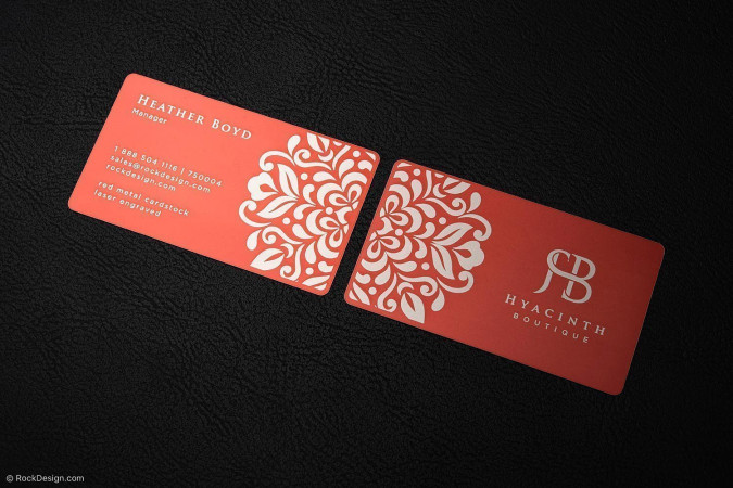 Elegant Laser Engraved Red Metal Business Card Design Template - Hyacinth