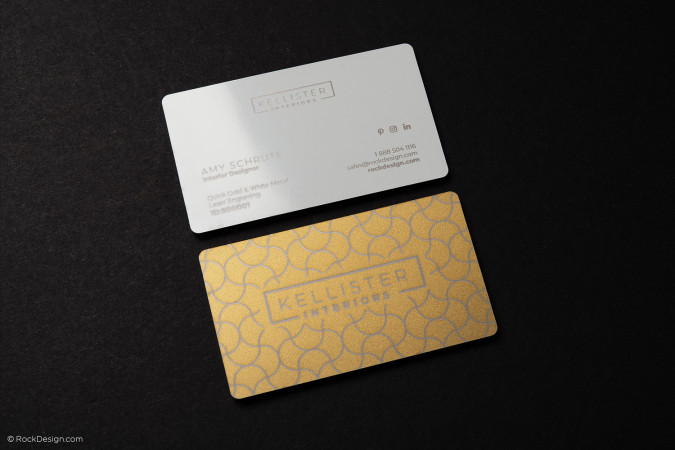 Elegant White & Gold Laser Engraved Metal Business Card Template Design - Kellister