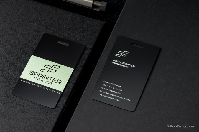 Black UV Printed Vertical Metal Card with Hangtag - Sprinter Studios 