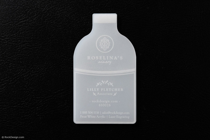 Bottle Shaped Laser Engraved Frost White Acrylic Business Card Template Design - Roselina's Winery