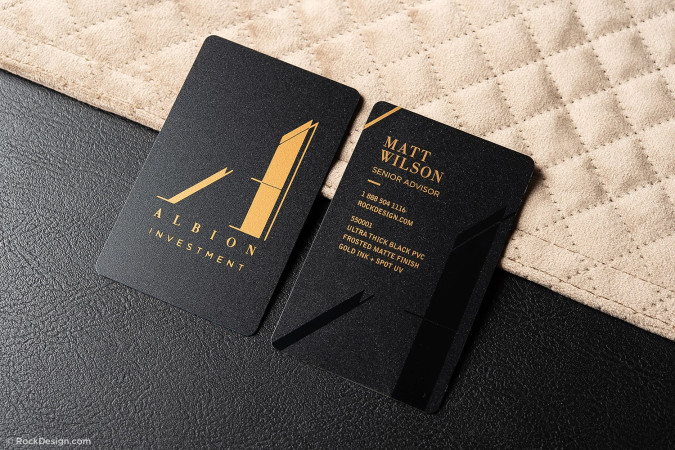 Sleek black plastic template with gold and spot UV – Albion Investment