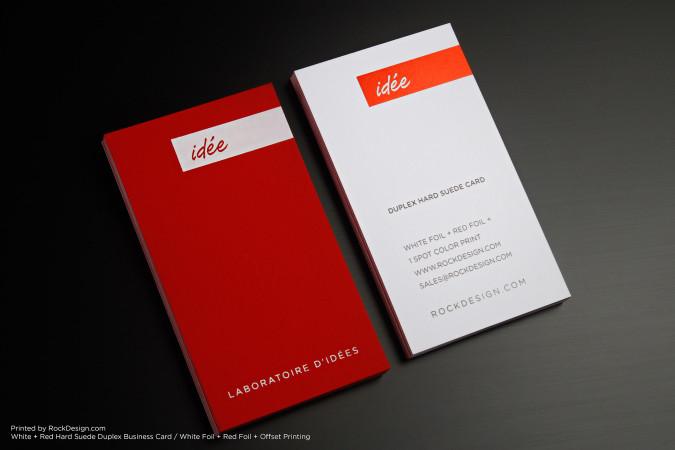 Elegant red and white duplex hard suede business cards with foil accents, showcasing modern luxury design by RockDesign.