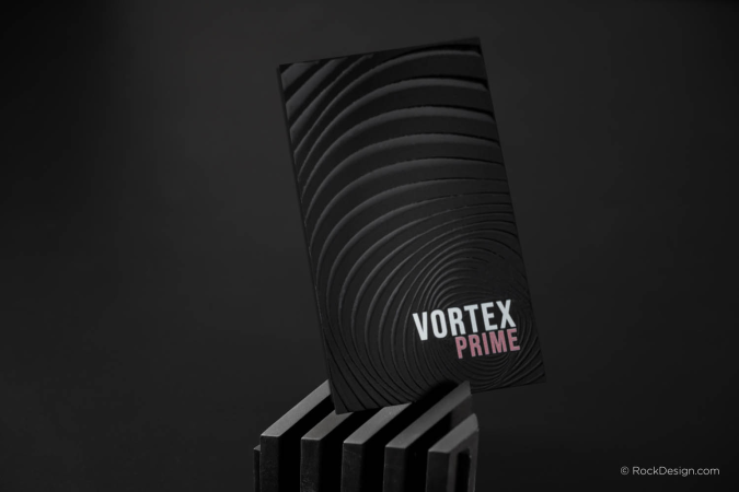 Modern aesthetic black suede business card with spot UV and multicolor UV print
