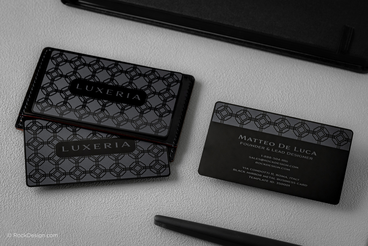 Mirror Finish Black Metal Business Cards | RockDesign.com, image size:1500x1001