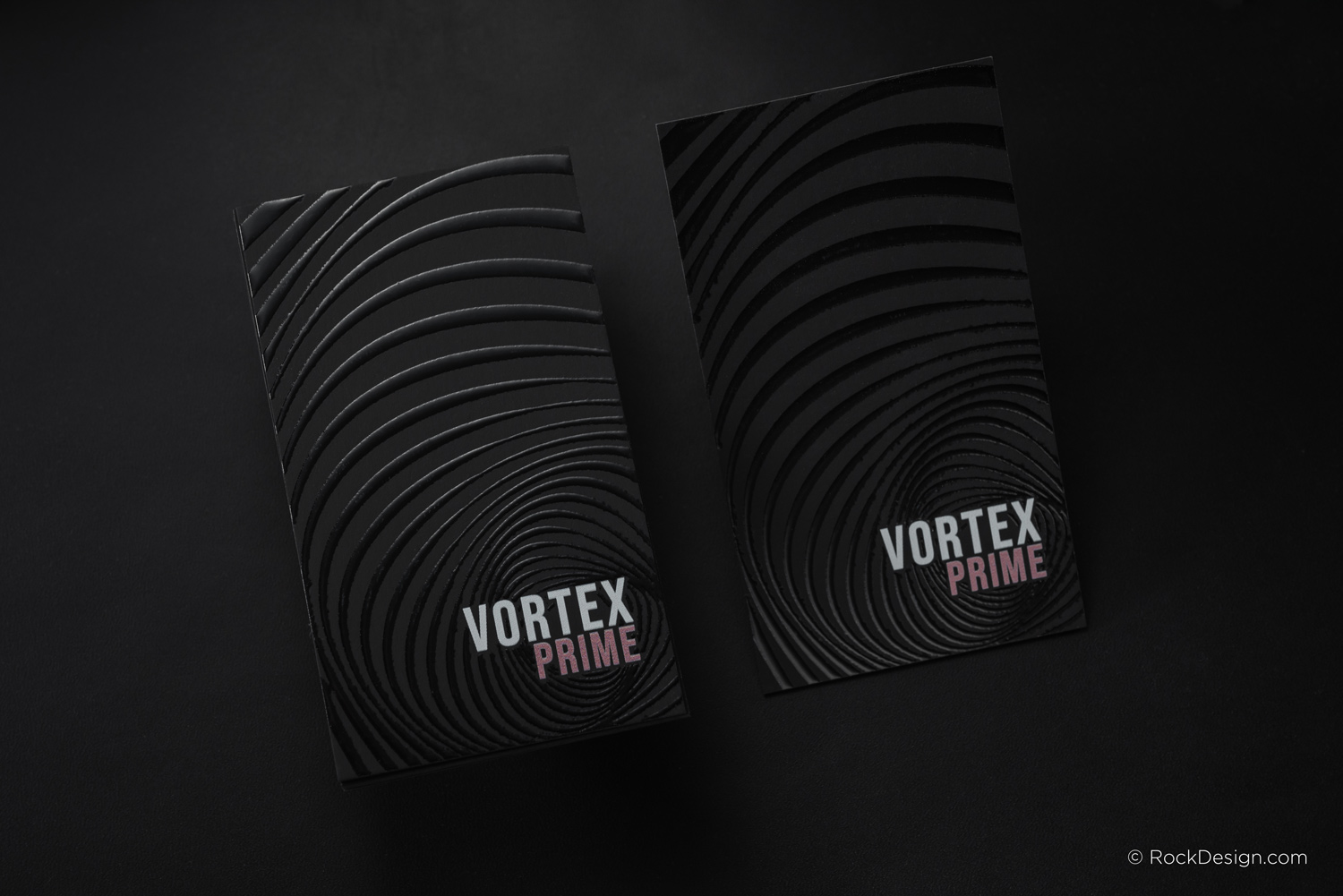 Black hard suede card with QR code, modern pattern, and pink-violet UV accents