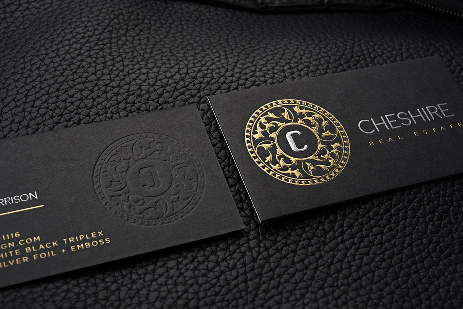 Elegant Cheshire Business Card Template with Gold and Silver Foil