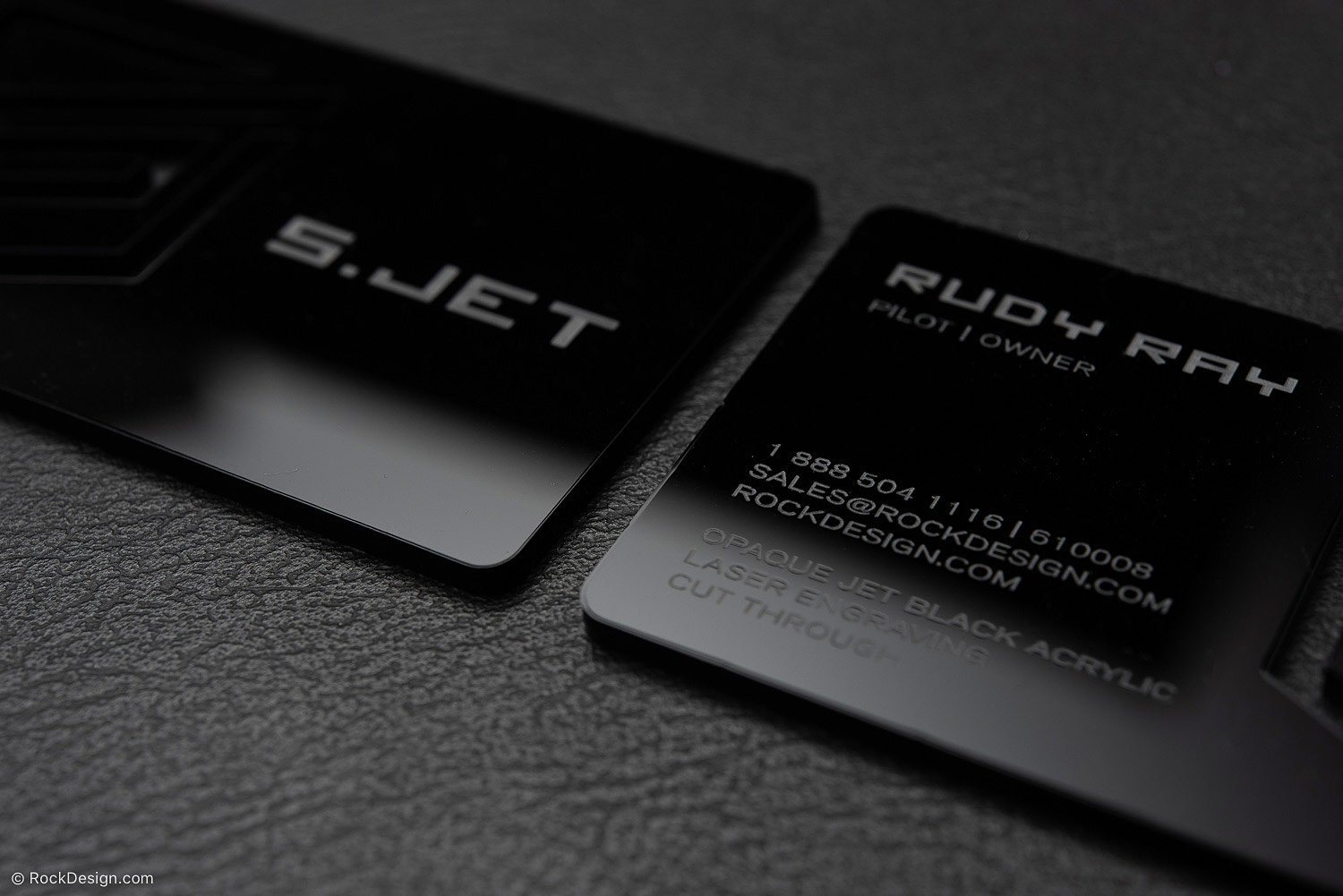 Sleek Black Laser Engraved Acrylic Business Card Template Design S.Jet